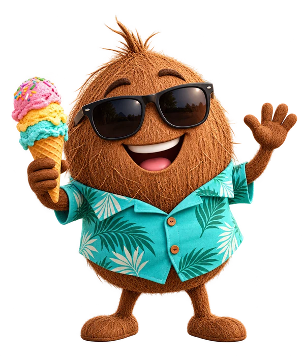Coco Tropiamigo con gafas, camisa de playa y un helado